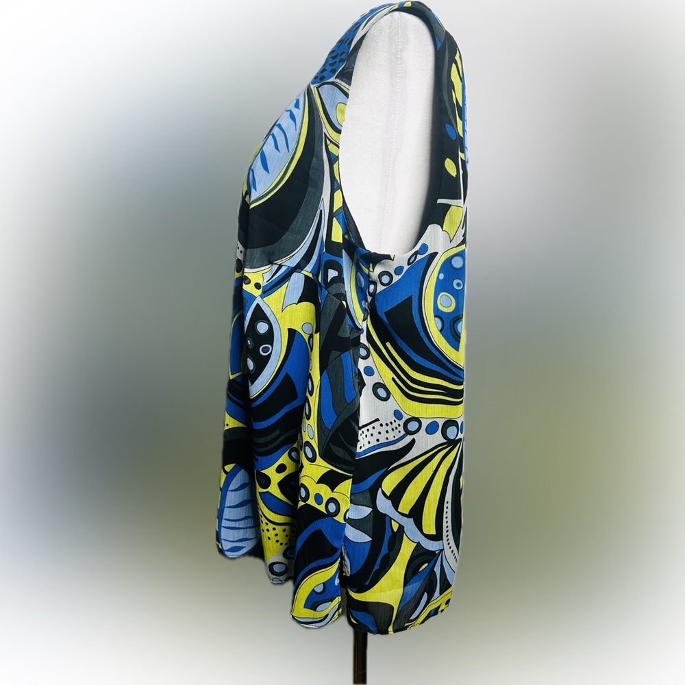 EUC Dana Kay SZ XL Blue/lime/black/gray sleeveless sheer print top/bust 46” - Picture 5 of 6